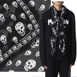 ALEXANDER MCQUEEN SCARF ICONIC SKULL PRINT BLACK MODAL SILK FRINGE UNISEX